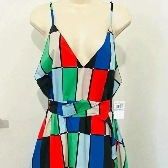 Matthew Bruch NWT Patchwork Midi Dress Belted Fit & Flare - Picture 7 of 14